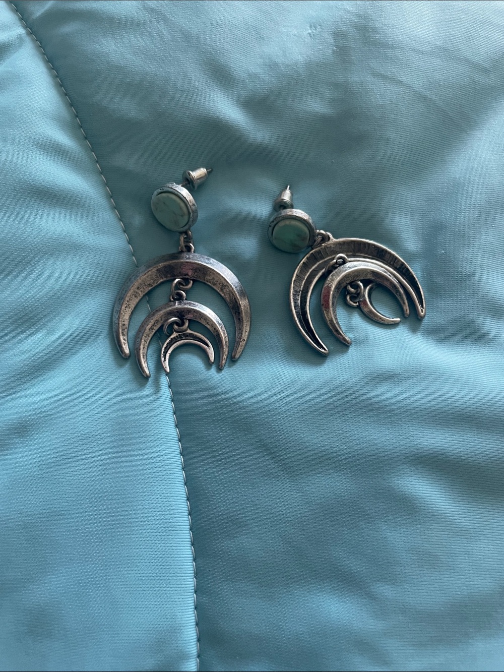 Silver Crescent Dangle Earrings with Turquoise Accent